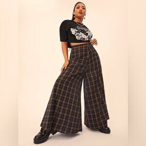 Super Wide Leg Pants Plaid High Waist SHEIN Navy & Tan Womens Size 4